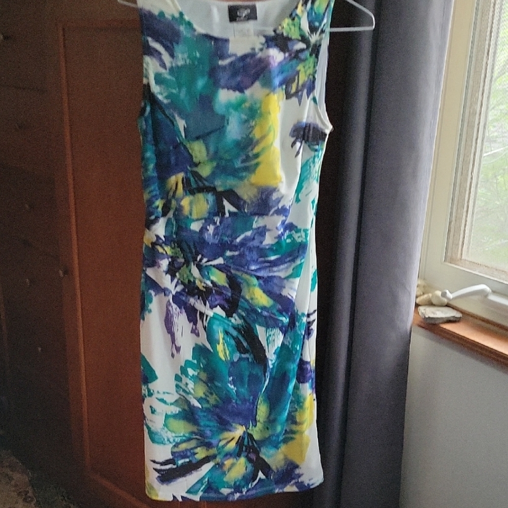 Vibrant Floral Midi Dress - Blue, Green, Yellow